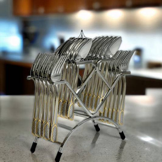 Stainless Steel/Gold Plated Cutlery Set- Set of 25 (Contains: 12 Spoons, 12 Forks, 1 Stand), Cutlery Set for Dining Table Stylish, Stainless Steel/Gold Plated
