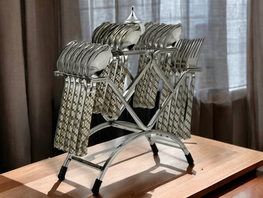 Bhanu Priya - Stainless Steel/Laser Printed Cutlery Set, 25 Pieces (12 baby Spoons, 6 Dessert spoons, 6 Dessert Forks, 1 Stand) - Stylish Dining Table Cutlery