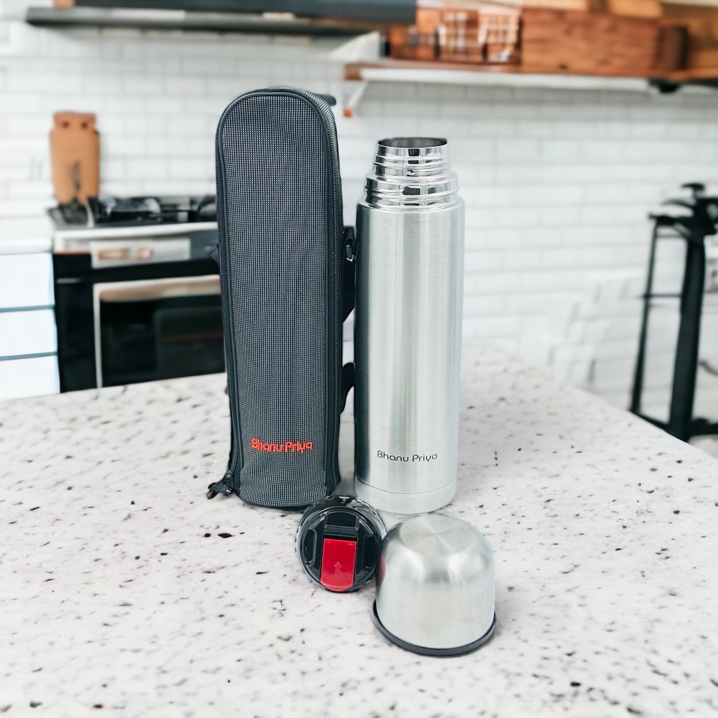 Bhanu Priya - Stainless Steel Vacuum Insulated Water Bottle, 1000ml (1L/34 oz) - Flip Lid, Hot & Cold, Leak-Proof, Silver