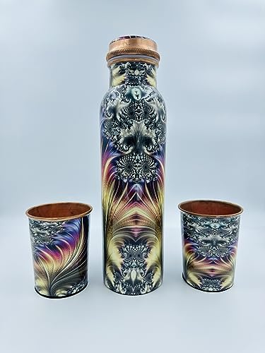 Bhanu Priya - Multicolor Printed Copper Water Bottle (1L) with 2 Copper Glasses (250ml Each) Combo