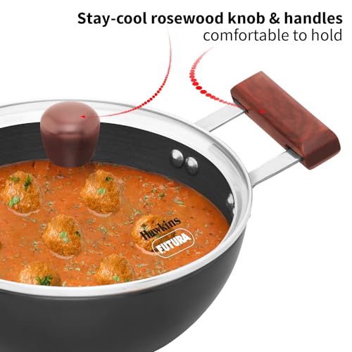 Hawkins Futura 2 Litre Deep Kadhai, Induction Deep Fry Pan, Hard Anodised Kadai with Glass Lid, Black (IAK20G)