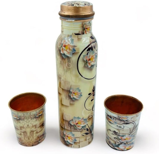 Bhanu Priya - Ivory Flower Printed Copper Water Bottle (1L) with 2 Copper Glasses (250ml Each) Combo