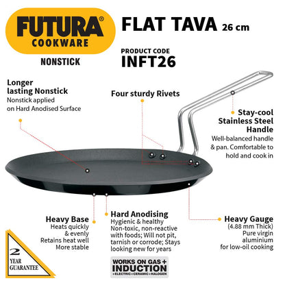 Hawkins Futura 26 cm Flat Tava, Non Stick Tawa with Stainless Steel Handle, Induction Tawa with Rim, Pancake Pan, Flat Pan, Black (INFT26)