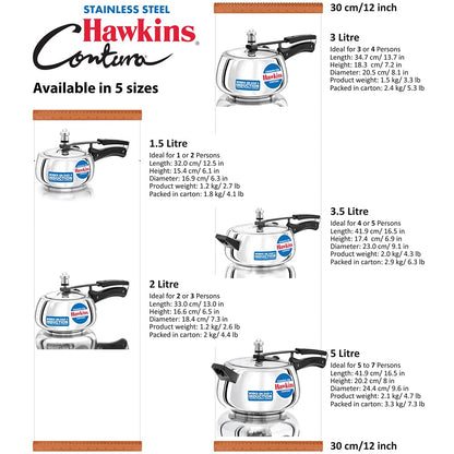 Hawkins 2 Litre Contura Pressure Cooker, Stainless Steel Inner Lid Cooker, Handi Cooker, Induction Cooker, Small Cooker, Silver (SSC20)