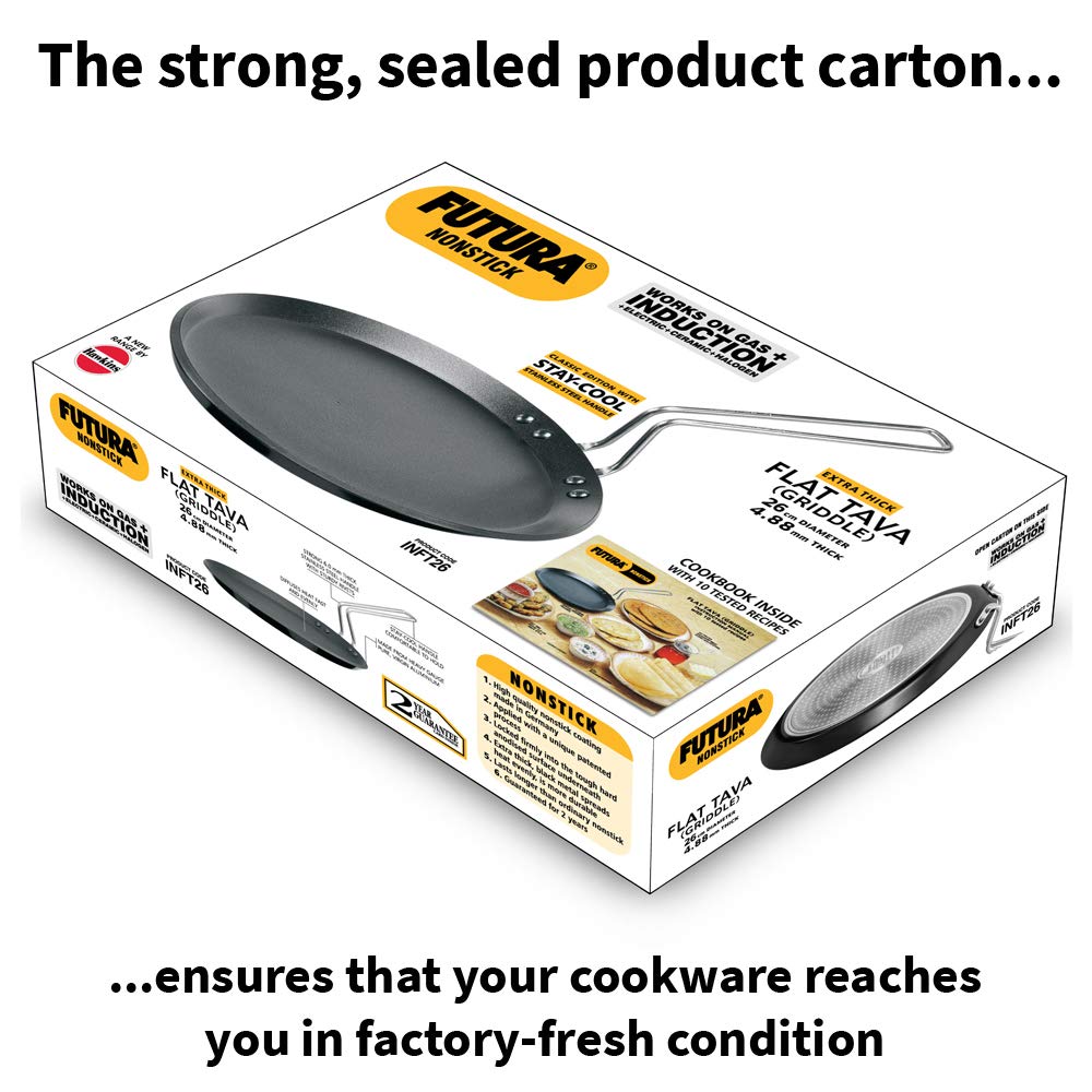 Hawkins Futura 26 cm Flat Tava, Non Stick Tawa with Stainless Steel Handle, Induction Tawa with Rim, Pancake Pan, Flat Pan, Black (INFT26)