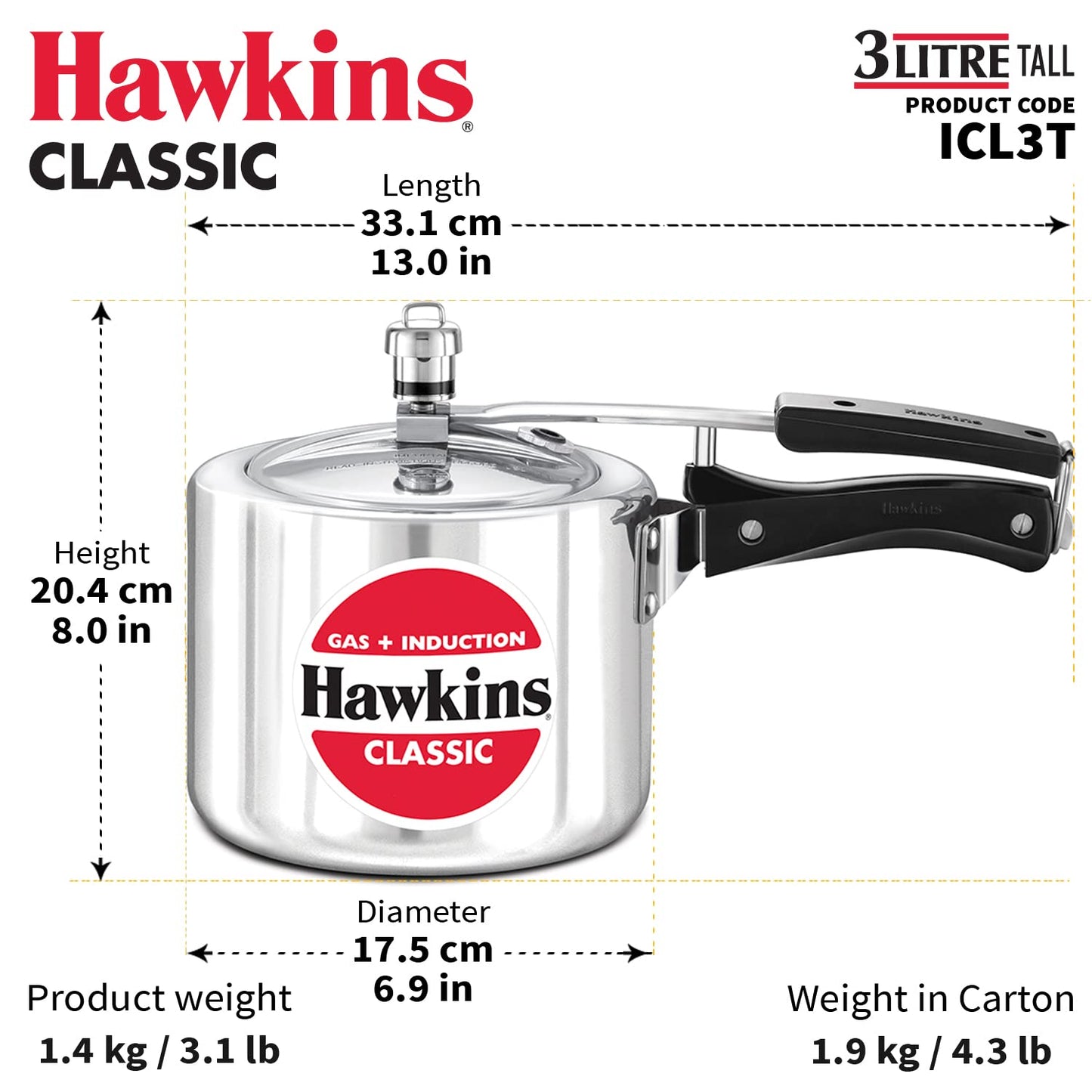 Hawkins Aluminium 3 Litre Classic Pressure Cooker,Induction Inner Lid Cooker,Tall Design Pan Cooker,Best Cooker,Silver(Icl3T)