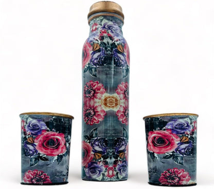 Bhanu Priya - Flower Printed Copper Water Bottle (1L) with 2 Copper Glasses (250ml Each) Combo