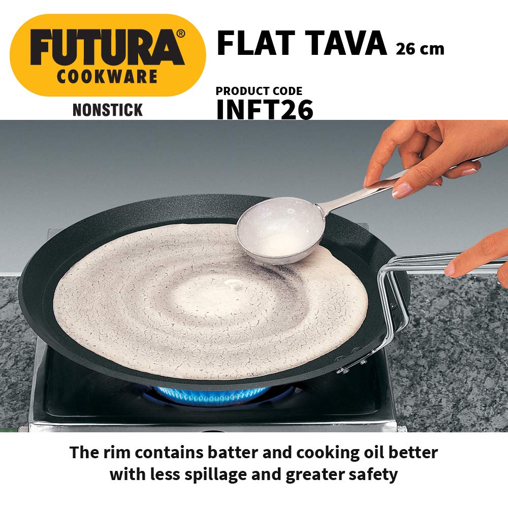 Hawkins Futura 26 cm Flat Tava, Non Stick Tawa with Stainless Steel Handle, Induction Tawa with Rim, Pancake Pan, Flat Pan, Black (INFT26)