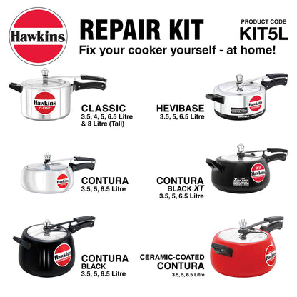 Hawkins Plastic Pressure Cooker Repair Kit With Cooker Gasket, Safety Valve, Body Handles And Spanner (Kit5L), Black Standard, 5 Liter