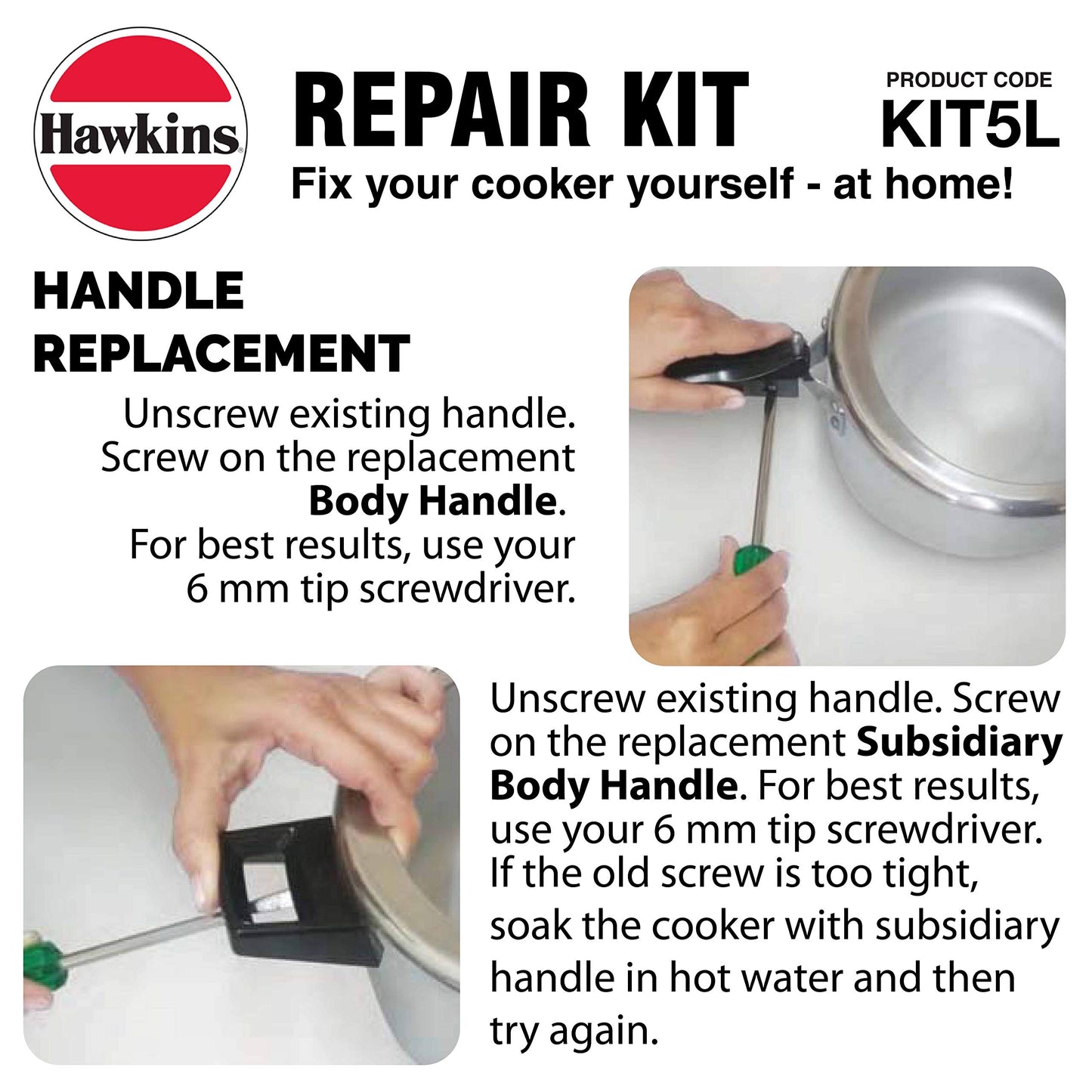 Hawkins Plastic Pressure Cooker Repair Kit With Cooker Gasket, Safety Valve, Body Handles And Spanner (Kit5L), Black Standard, 5 Liter
