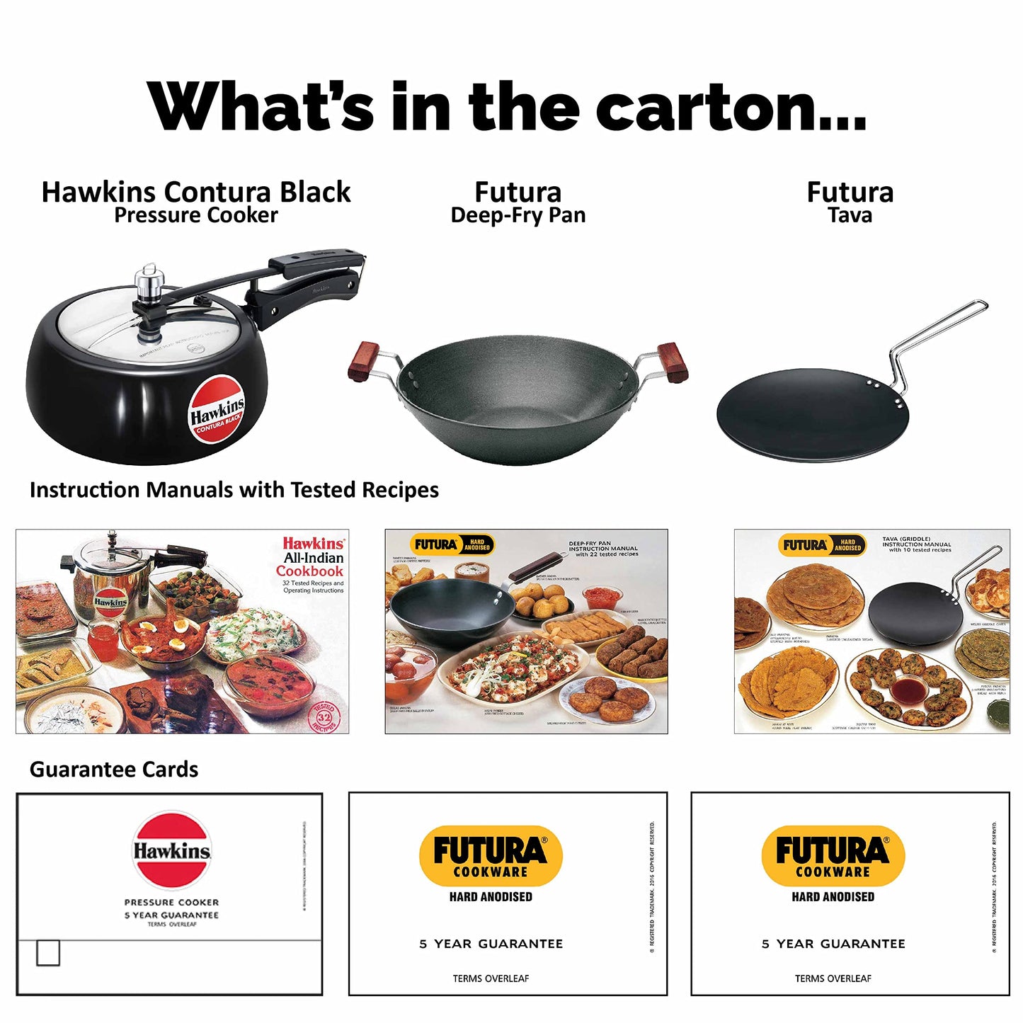 Hawkins Triniti Kitchen Set (Tava, Deep-Fry Pan, Inner Lid Pressure Cooker), Black (PCWSET1), Hard Anodised Aluminium