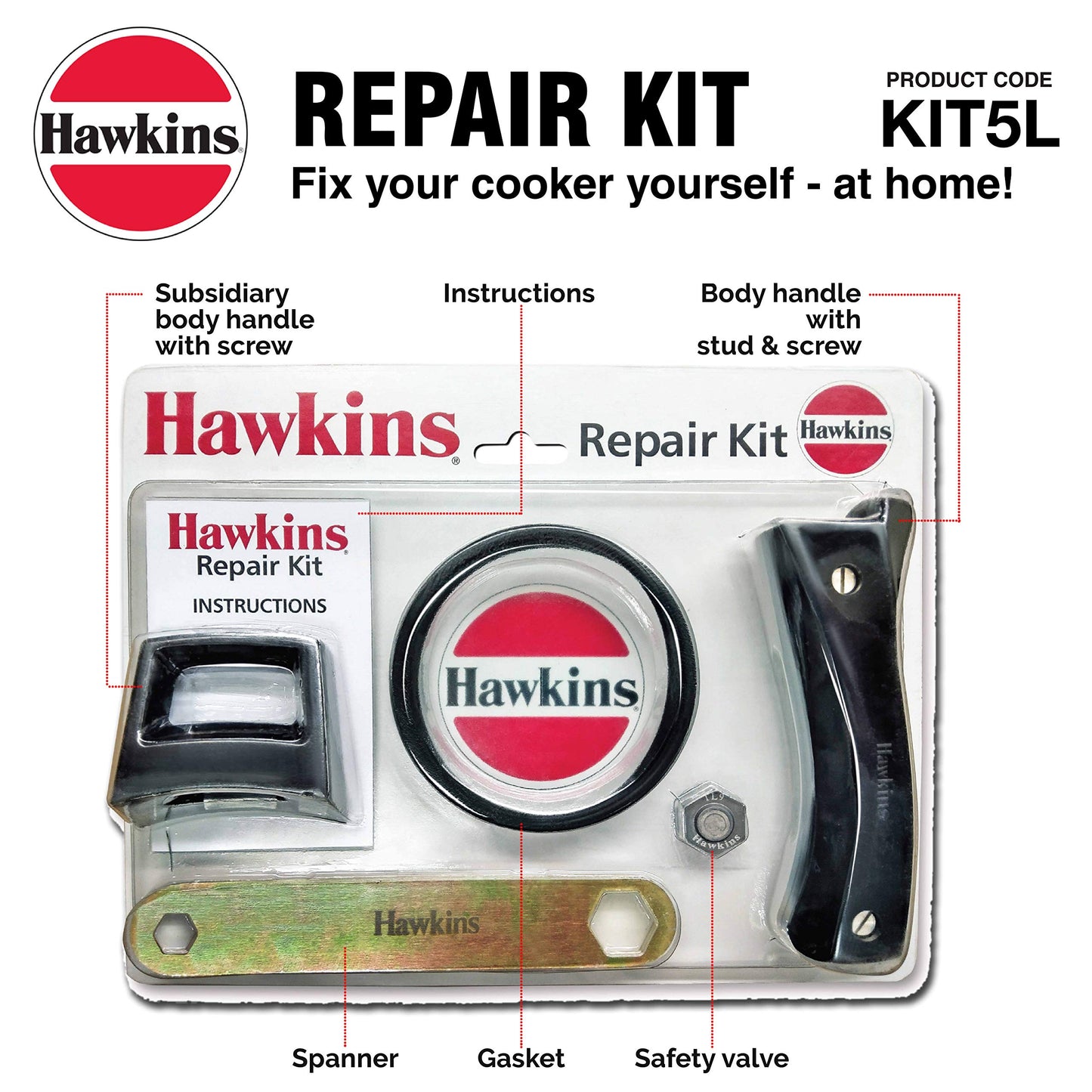 Hawkins Plastic Pressure Cooker Repair Kit With Cooker Gasket, Safety Valve, Body Handles And Spanner (Kit5L), Black Standard, 5 Liter