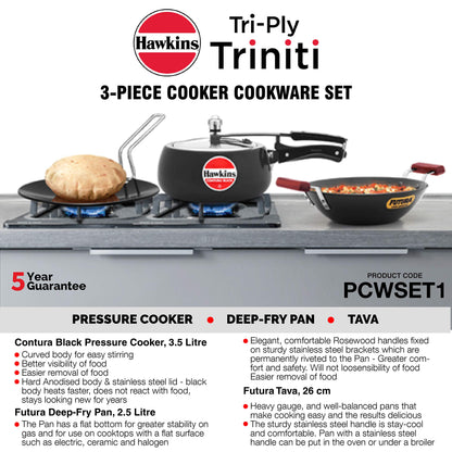 Hawkins Triniti Kitchen Set (Tava, Deep-Fry Pan, Inner Lid Pressure Cooker), Black (PCWSET1), Hard Anodised Aluminium