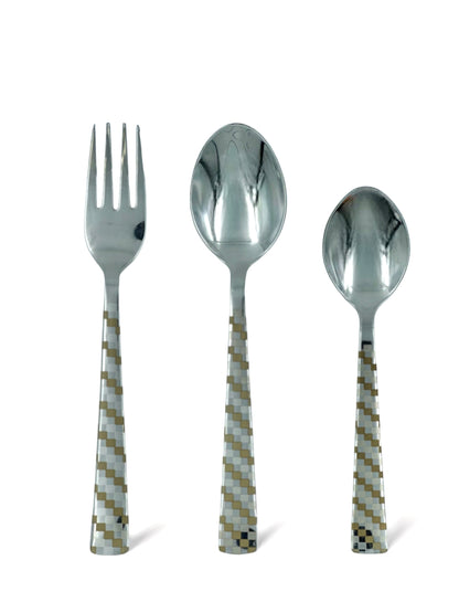 Bhanu Priya - Stainless Steel/Laser Printed Cutlery Set, 25 Pieces (12 baby Spoons, 6 Dessert spoons, 6 Dessert Forks, 1 Stand) - Stylish Dining Table Cutlery