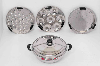 Bhanu Priya All-in-One Stainless Steel Idli Cooker Multi Kadai Steamer with Induction Bottom, Big Size with 6 Plates (2 Idli,1 mini Idli, 2 Dhokla, 1 Patra)